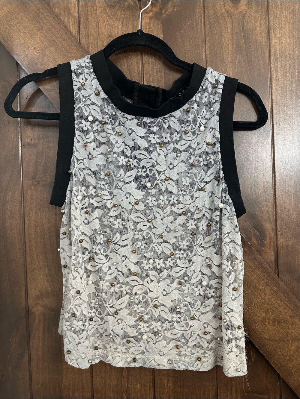 Spirit Black-Trim Cream Lace Beaded Sleeveless Top